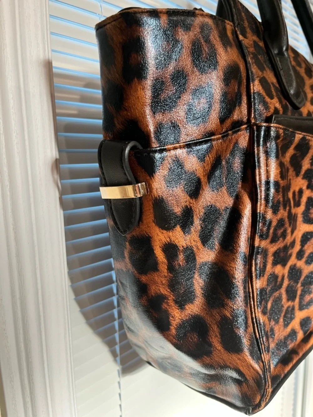 Leopard Print Tote Bag with Black Handles - Chic Animal Print Carryall - Picture 3 of 13